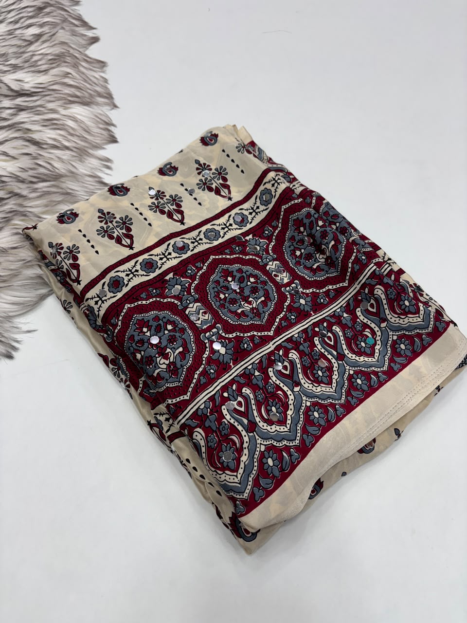 Alverina Party Wear Pure Satin Silk Ajrak Printed Rich Pallu n Mirror Work Fancy  Saree With Blouse Piece