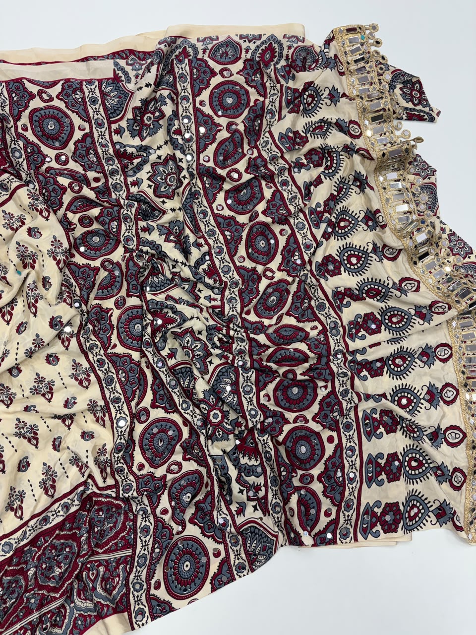 Alverina Party Wear Pure Satin Silk Ajrak Printed Rich Pallu n Mirror Work Fancy  Saree With Blouse Piece