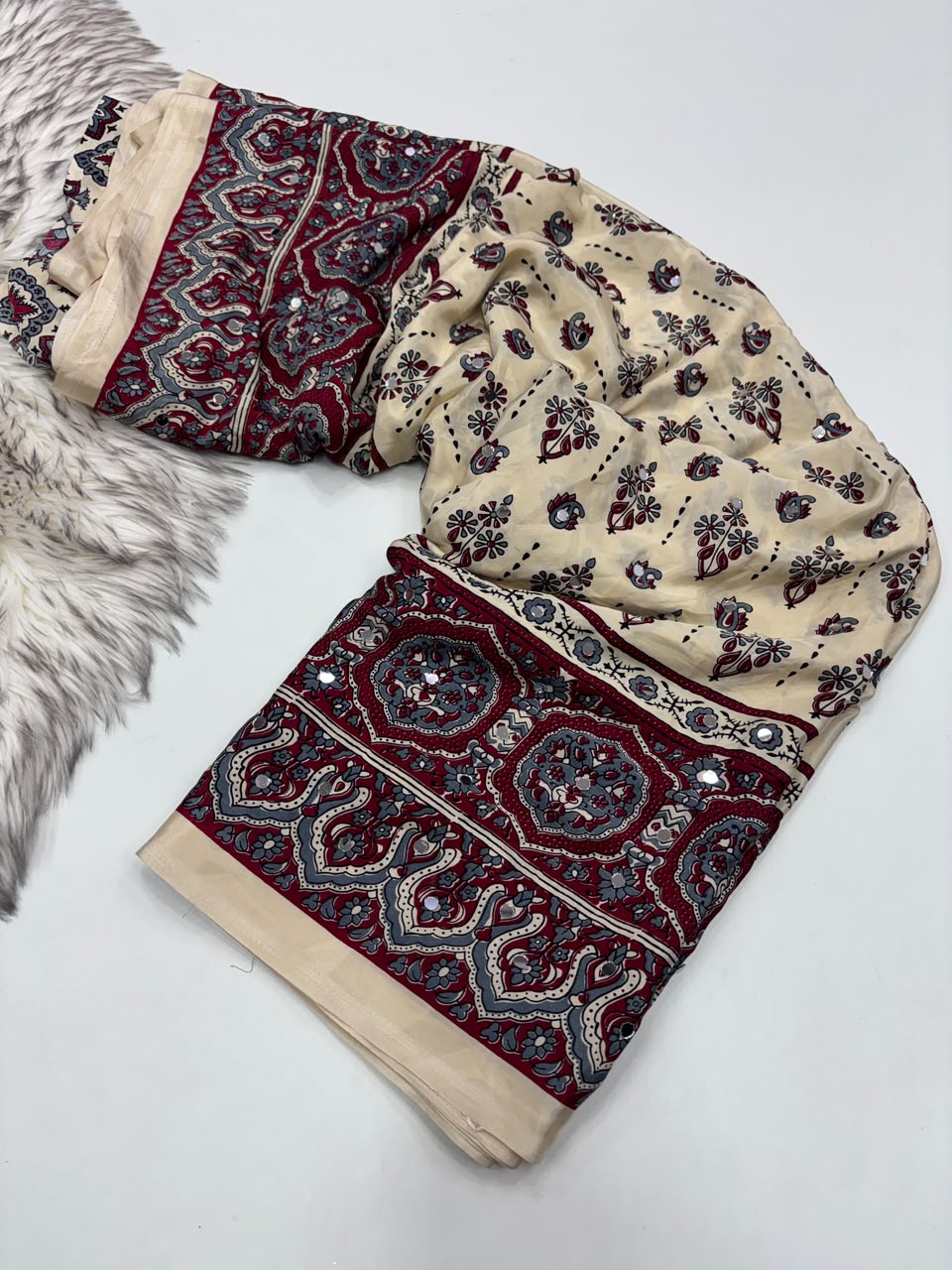 Alverina Party Wear Pure Satin Silk Ajrak Printed Rich Pallu n Mirror Work Fancy  Saree With Blouse Piece