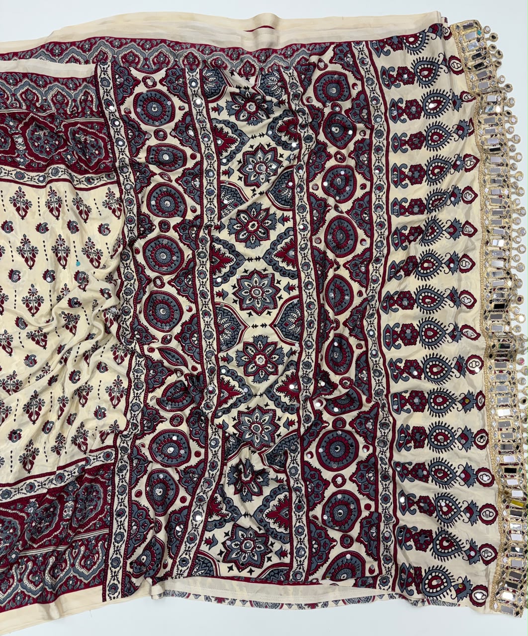 Alverina Party Wear Pure Satin Silk Ajrak Printed Rich Pallu n Mirror Work Fancy  Saree With Blouse Piece