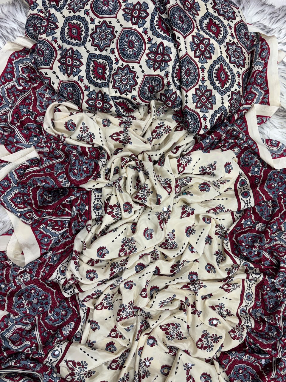 Alverina Party Wear Pure Satin Silk Ajrak Printed Rich Pallu n Mirror Work Fancy  Saree With Blouse Piece