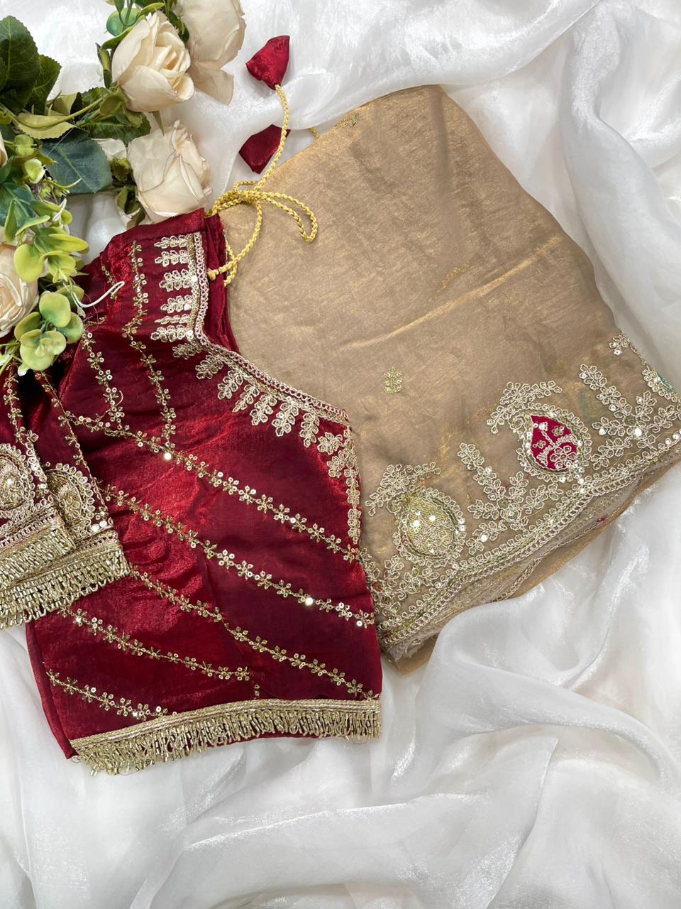 Heritage Function Wear Silk Embroidery n Sequence Work Heavy Border Saree With Stitched Blouse