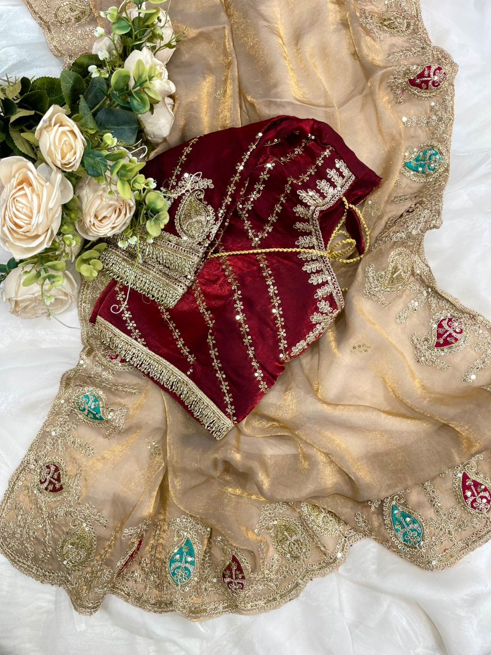 Heritage Function Wear Silk Embroidery n Sequence Work Heavy Border Saree With Stitched Blouse