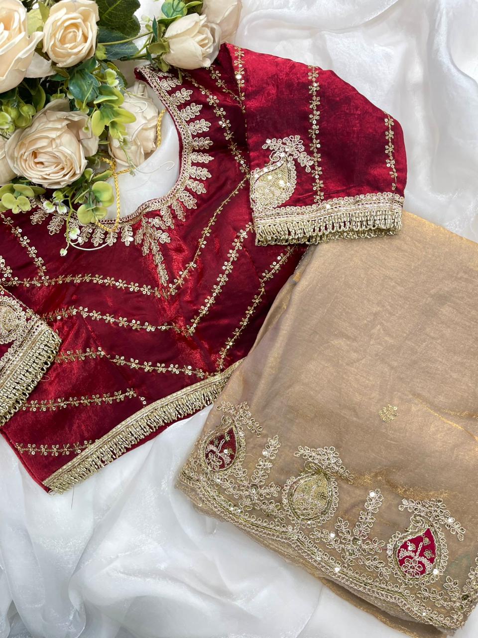 Heritage Function Wear Silk Embroidery n Sequence Work Heavy Border Saree With Stitched Blouse