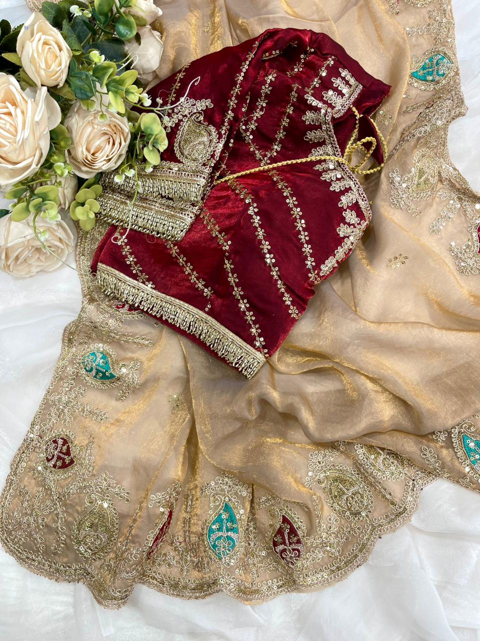 Heritage Function Wear Silk Embroidery n Sequence Work Heavy Border Saree With Stitched Blouse
