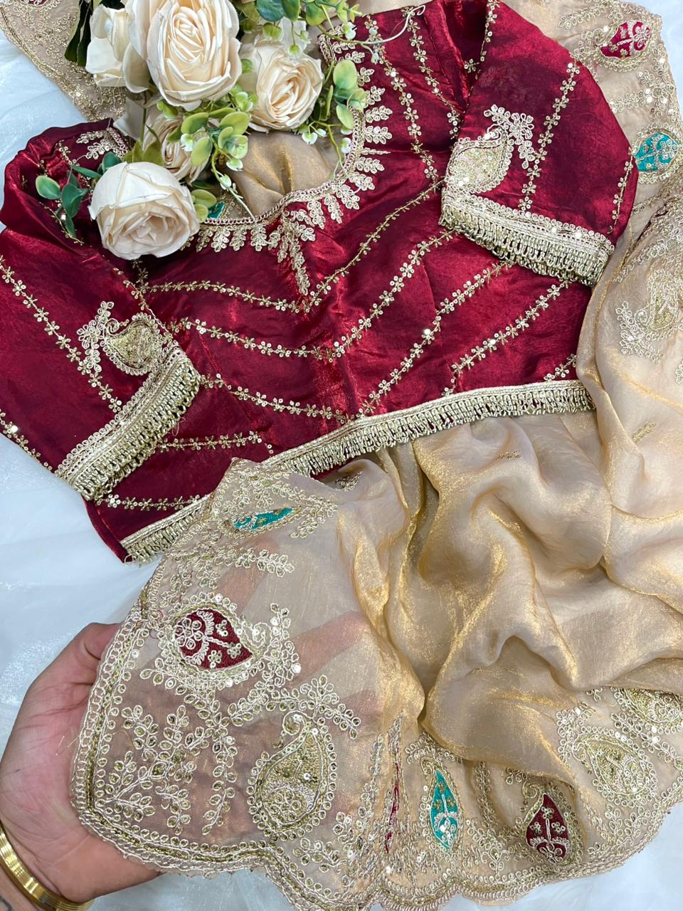 Heritage Function Wear Silk Embroidery n Sequence Work Heavy Border Saree With Stitched Blouse