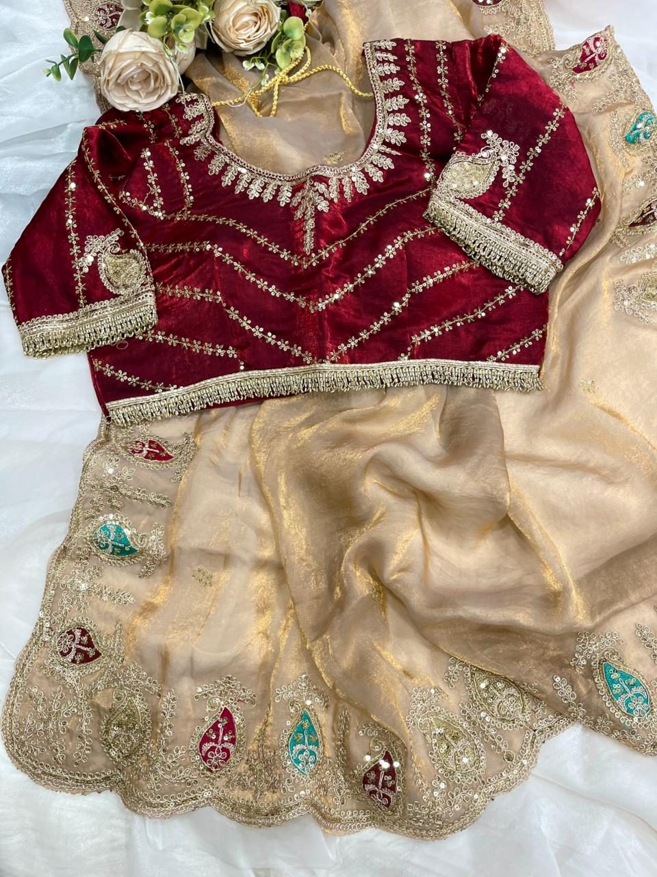 Heritage Function Wear Silk Embroidery n Sequence Work Heavy Border Saree With Stitched Blouse