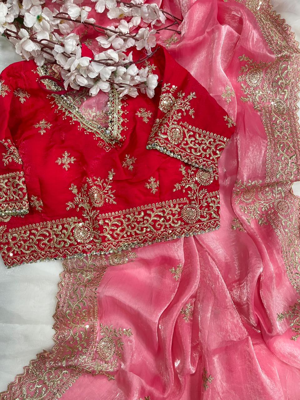 Quintessential Party Wear Silk Embroidery n Sequence Work Heavy Border Saree With Stitched Blouse
