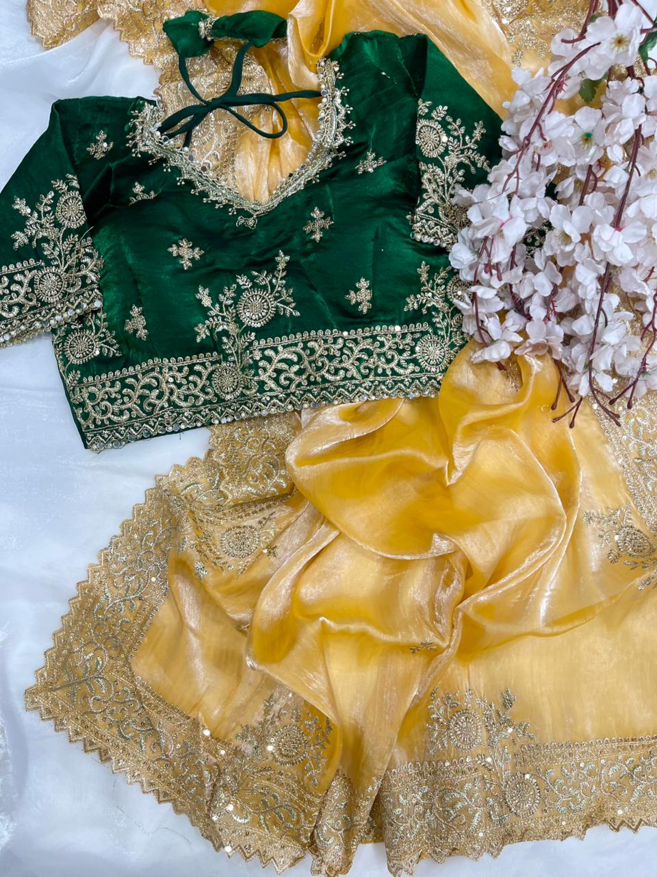 Quintessential Party Wear Silk Embroidery n Sequence Work Heavy Border Saree With Stitched Blouse