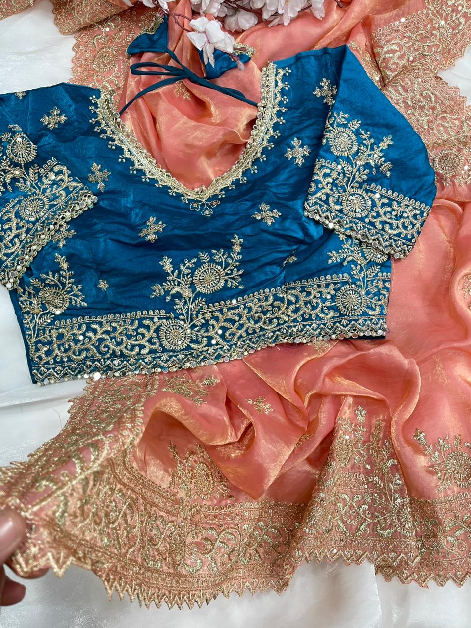 Quintessential Party Wear Silk Embroidery n Sequence Work Heavy Border Saree With Stitched Blouse