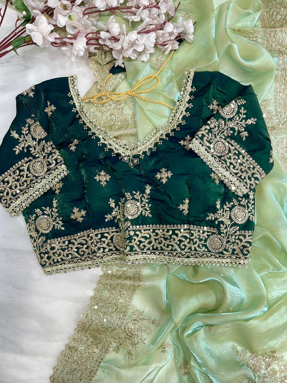 Quintessential Party Wear Silk Embroidery n Sequence Work Heavy Border Saree With Stitched Blouse