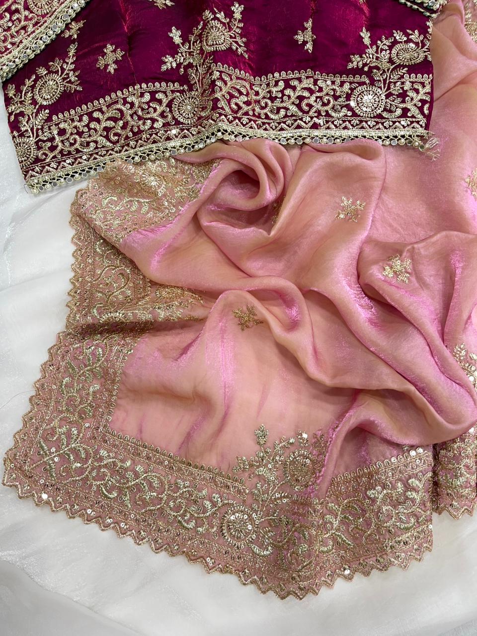 Quintessential Party Wear Silk Embroidery n Sequence Work Heavy Border Saree With Stitched Blouse