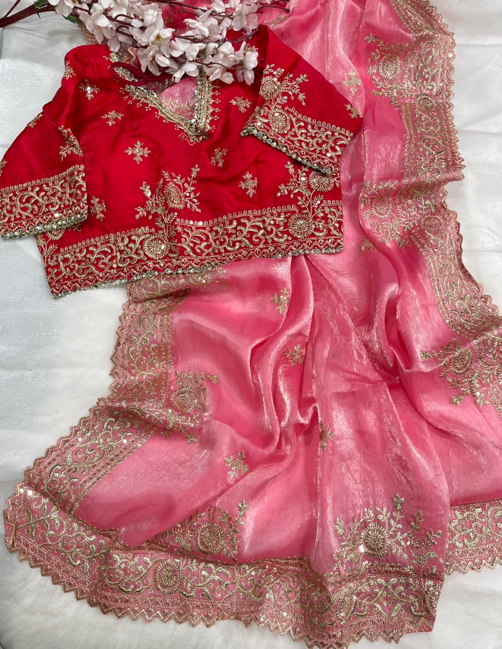 Quintessential Party Wear Silk Embroidery n Sequence Work Heavy Border Saree With Stitched Blouse