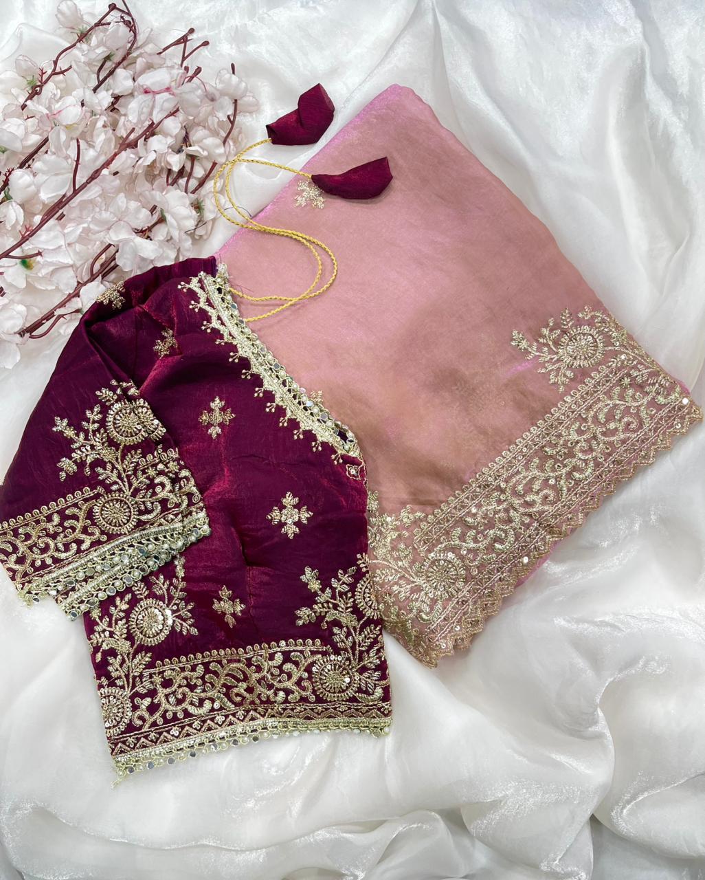 Quintessential Party Wear Silk Embroidery n Sequence Work Heavy Border Saree With Stitched Blouse