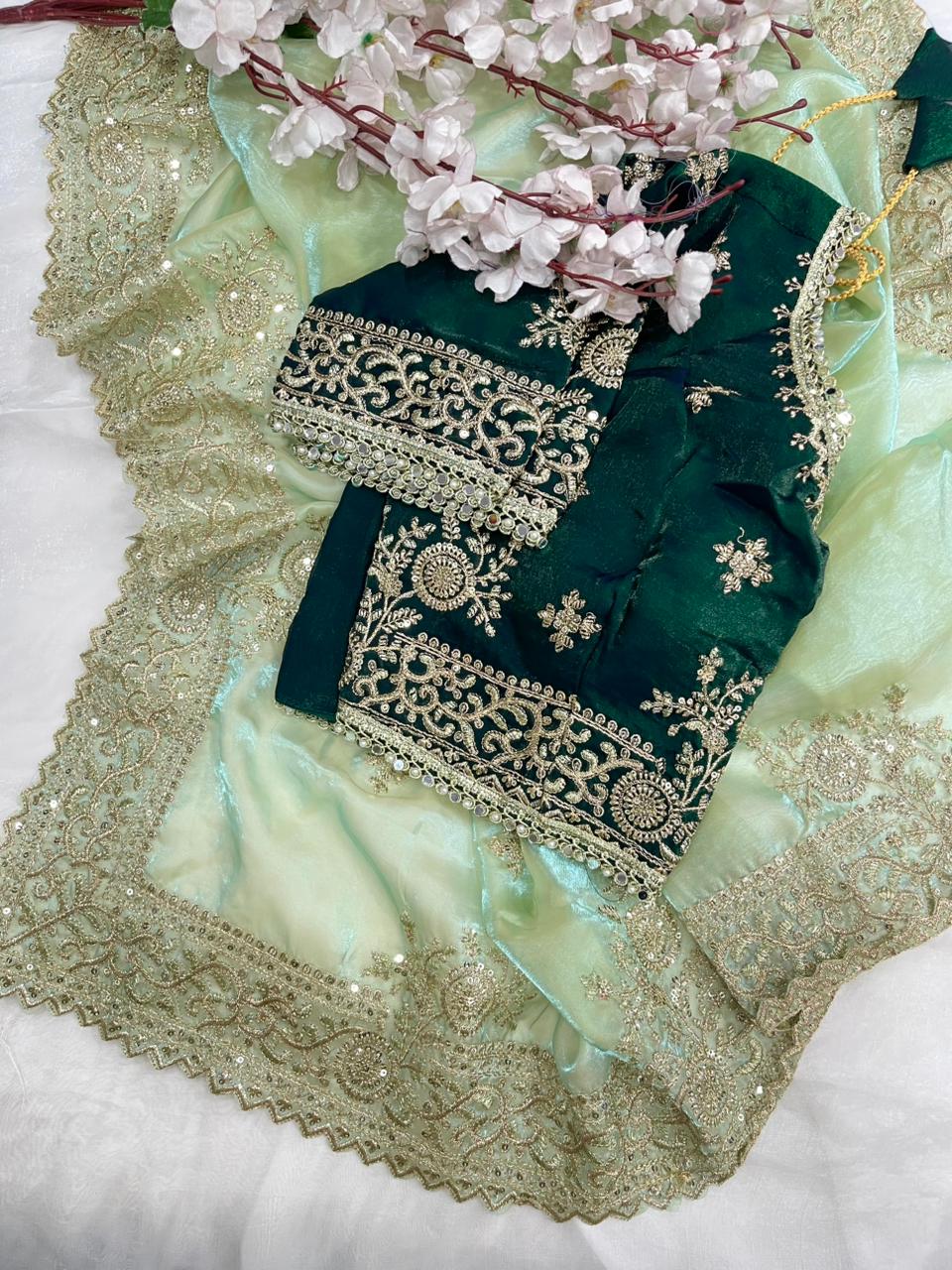 Quintessential Party Wear Silk Embroidery n Sequence Work Heavy Border Saree With Stitched Blouse