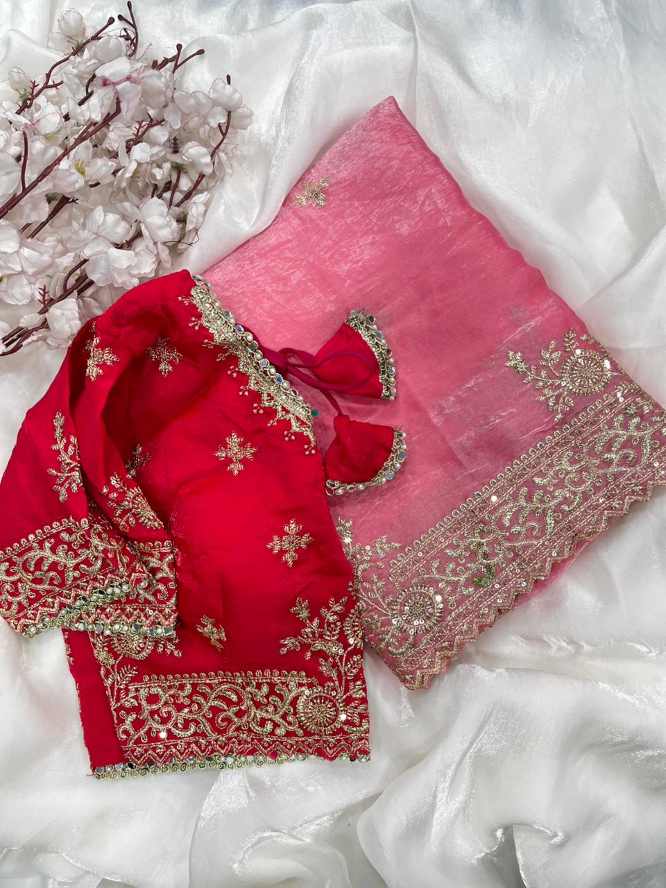 Quintessential Party Wear Silk Embroidery n Sequence Work Heavy Border Saree With Stitched Blouse