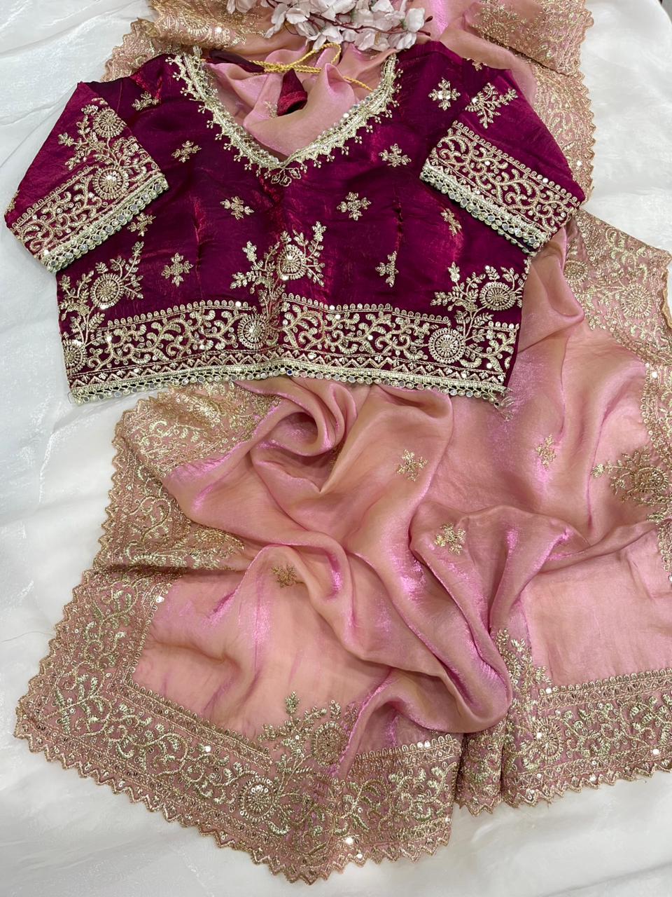 Quintessential Party Wear Silk Embroidery n Sequence Work Heavy Border Saree With Stitched Blouse