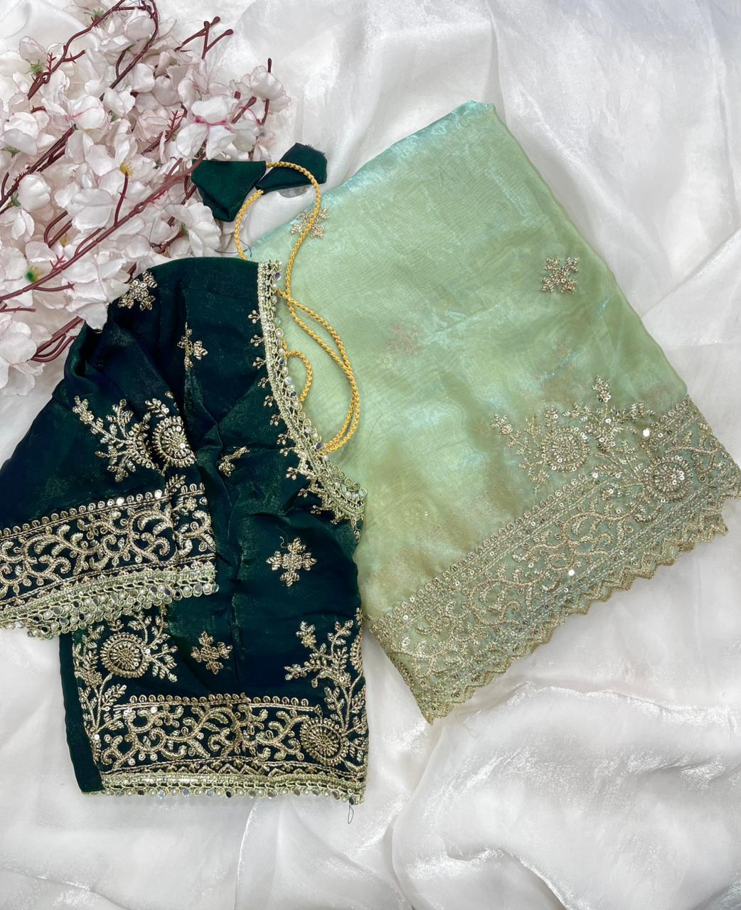 Quintessential Party Wear Silk Embroidery n Sequence Work Heavy Border Saree With Stitched Blouse