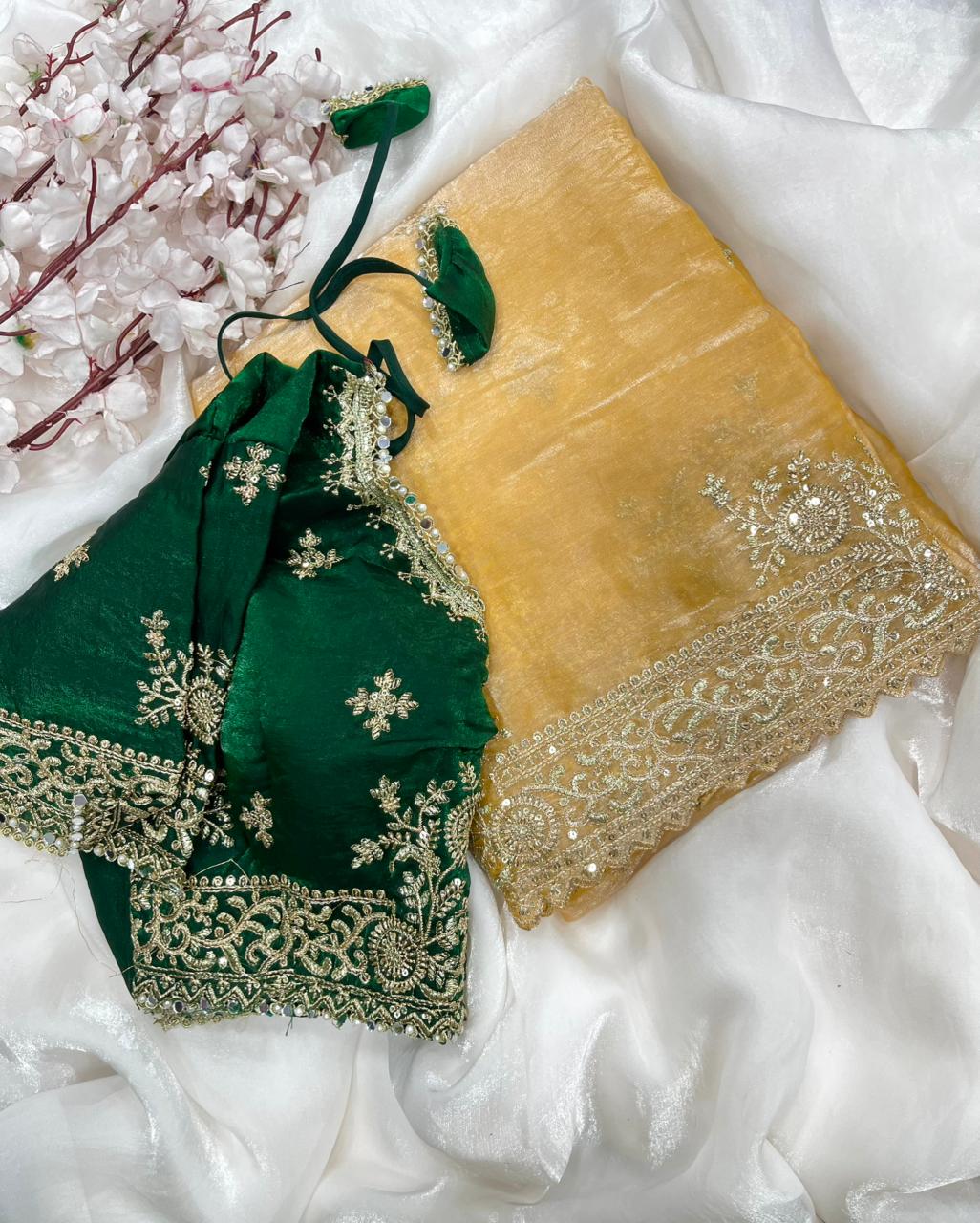 Quintessential Party Wear Silk Embroidery n Sequence Work Heavy Border Saree With Stitched Blouse