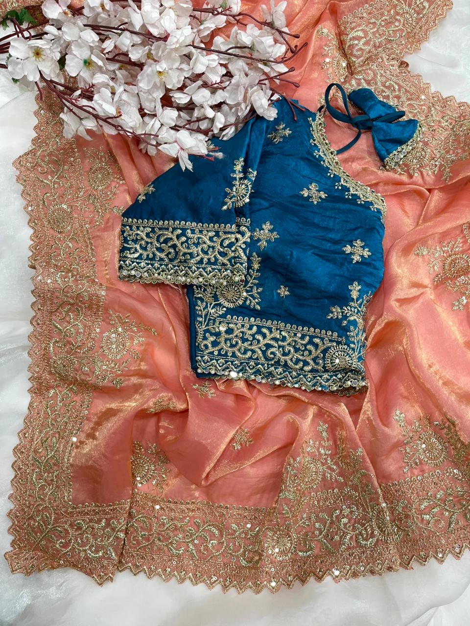 Quintessential Party Wear Silk Embroidery n Sequence Work Heavy Border Saree With Stitched Blouse