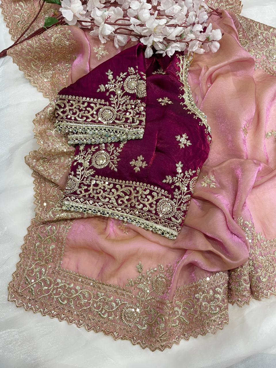 Quintessential Party Wear Silk Embroidery n Sequence Work Heavy Border Saree With Stitched Blouse