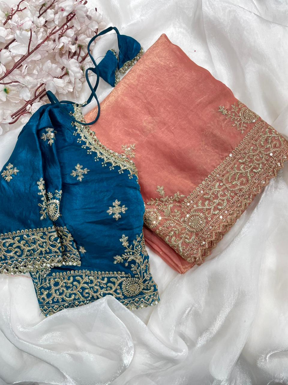 Quintessential Party Wear Silk Embroidery n Sequence Work Heavy Border Saree With Stitched Blouse