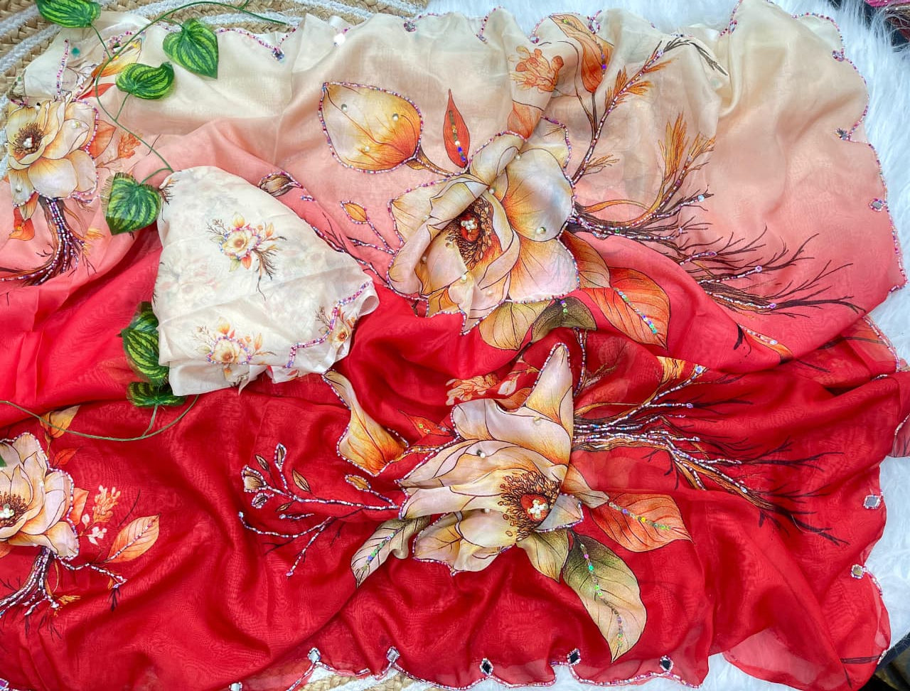 Incomparable Party Wear Soft Silk Printed n Hand Work Fancy Saree With Blissful Blouse Piece