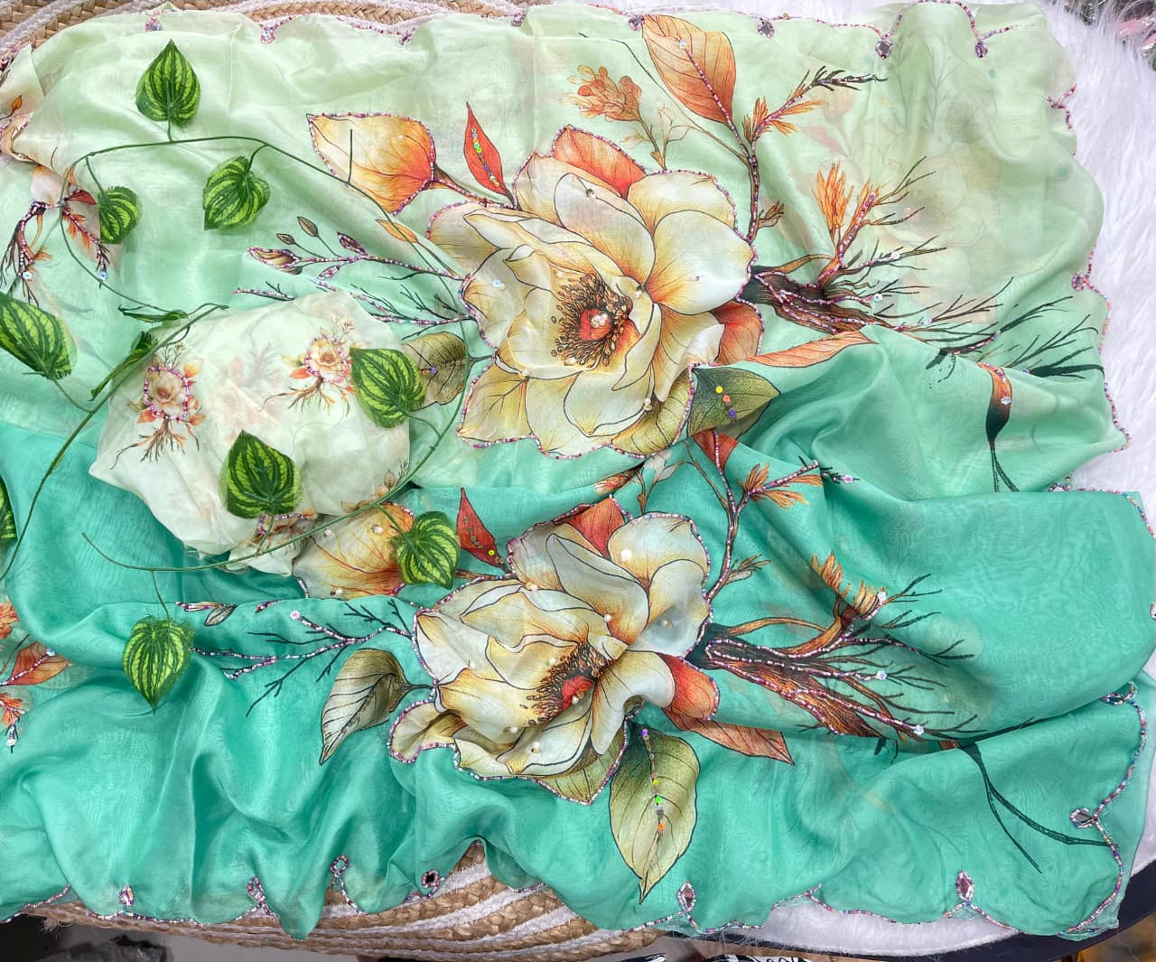 Incomparable Party Wear Soft Silk Printed n Hand Work Fancy Saree With Blissful Blouse Piece