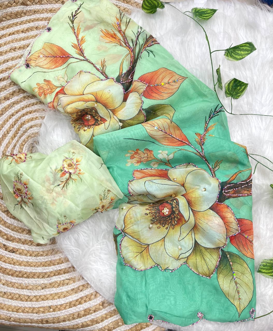 Incomparable Party Wear Soft Silk Printed n Hand Work Fancy Saree With Blissful Blouse Piece