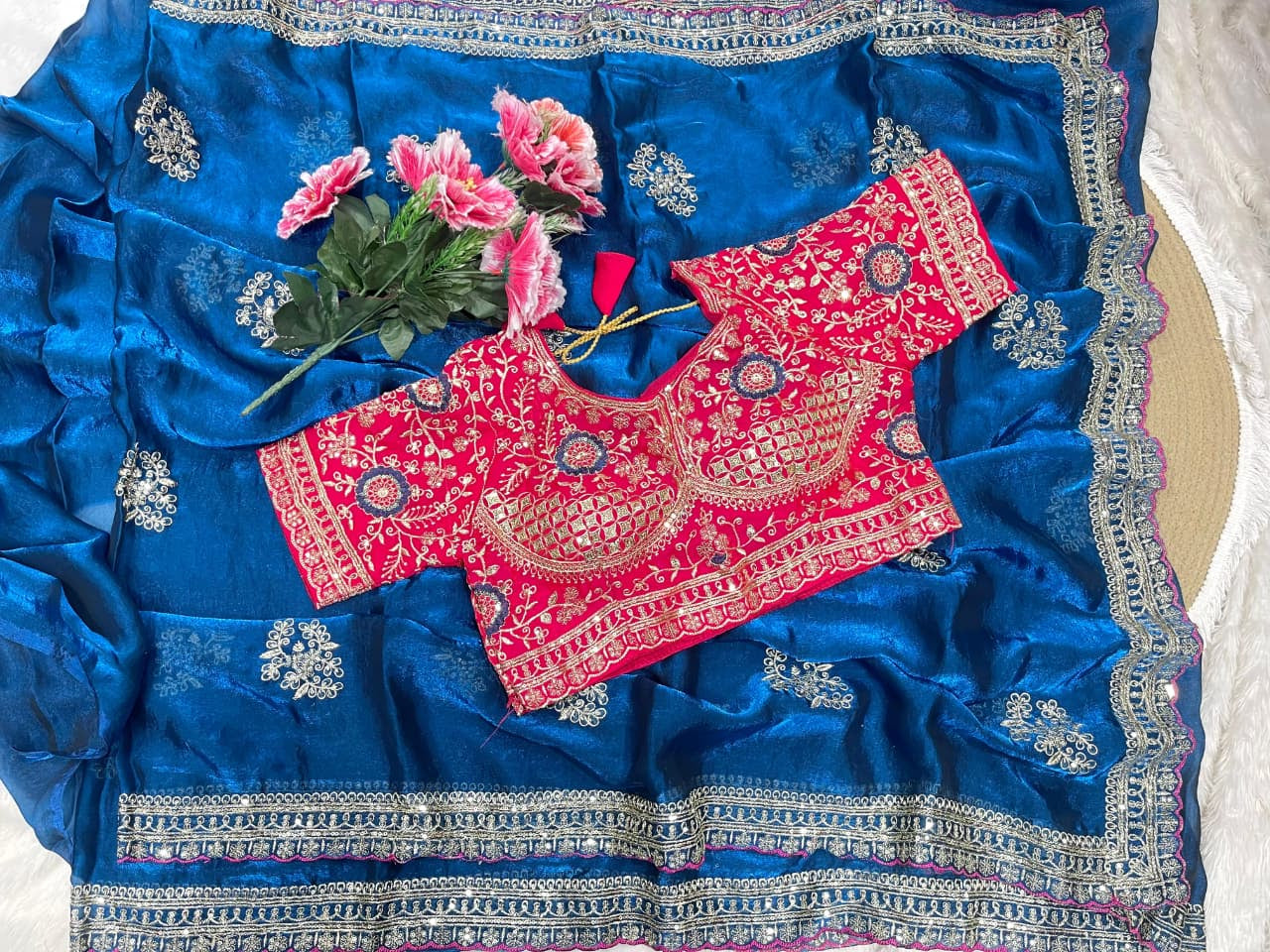 Charismatic Function Wear Silk Embroidery n Sequence Work Heavy Border Saree With Stitched Blouse