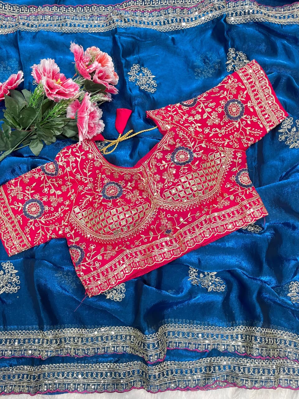 Charismatic Function Wear Silk Embroidery n Sequence Work Heavy Border Saree With Stitched Blouse