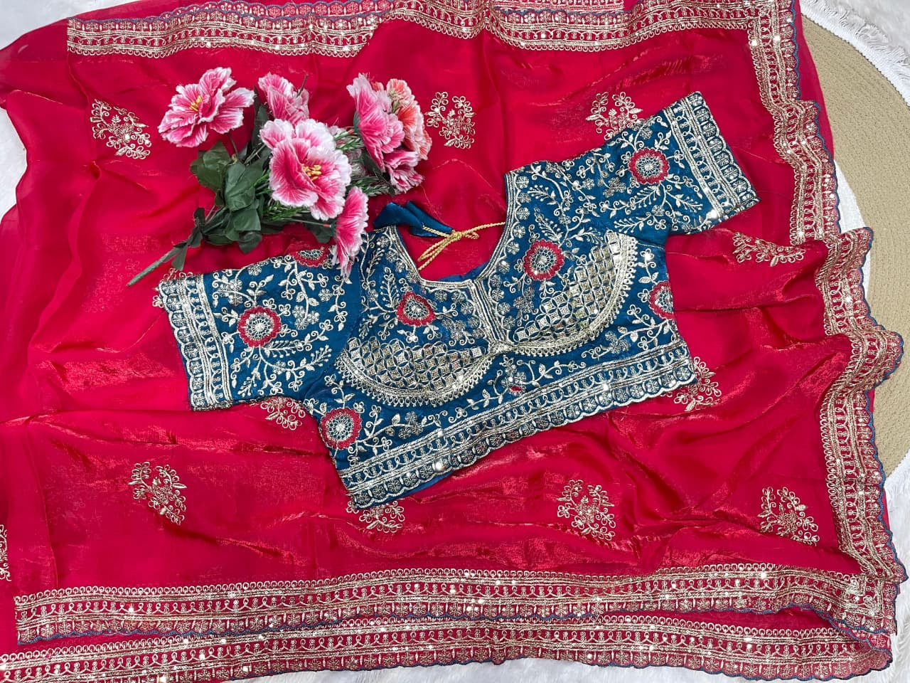 Charismatic Function Wear Silk Embroidery n Sequence Work Heavy Border Saree With Stitched Blouse