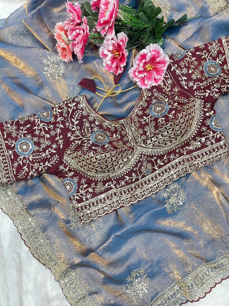 Charismatic Function Wear Silk Embroidery n Sequence Work Heavy Border Saree With Stitched Blouse