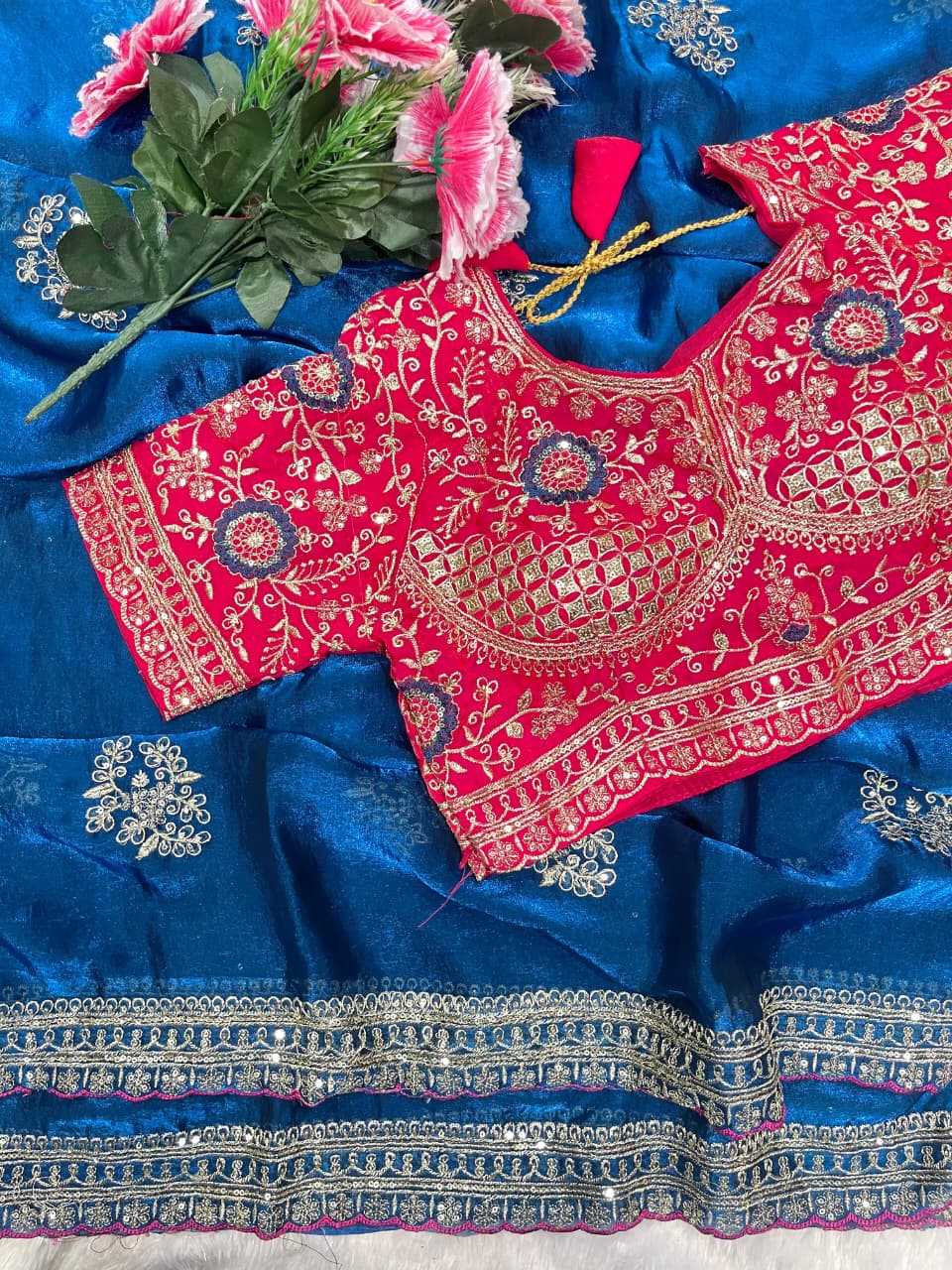 Charismatic Function Wear Silk Embroidery n Sequence Work Heavy Border Saree With Stitched Blouse