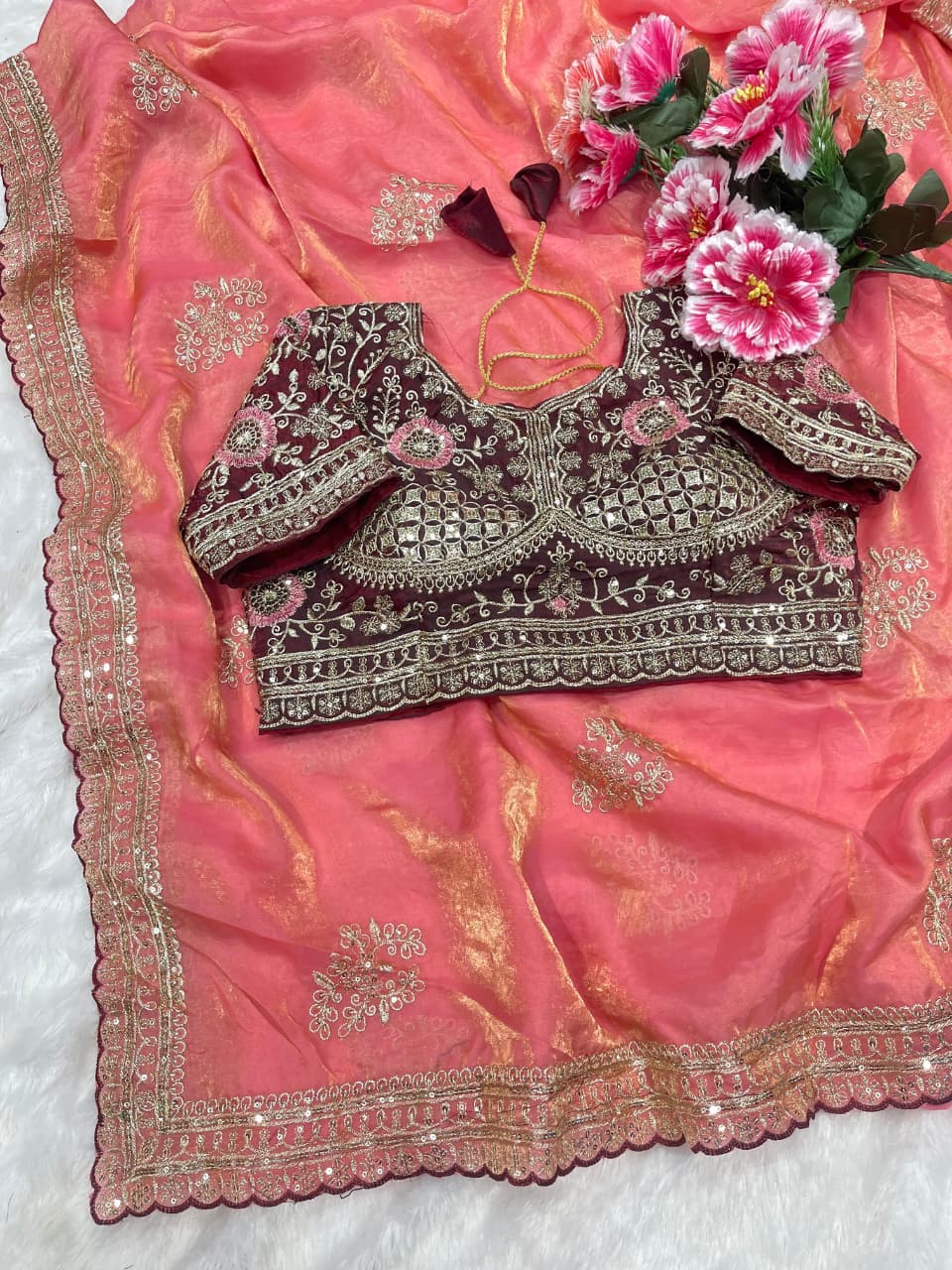 Charismatic Function Wear Silk Embroidery n Sequence Work Heavy Border Saree With Stitched Blouse