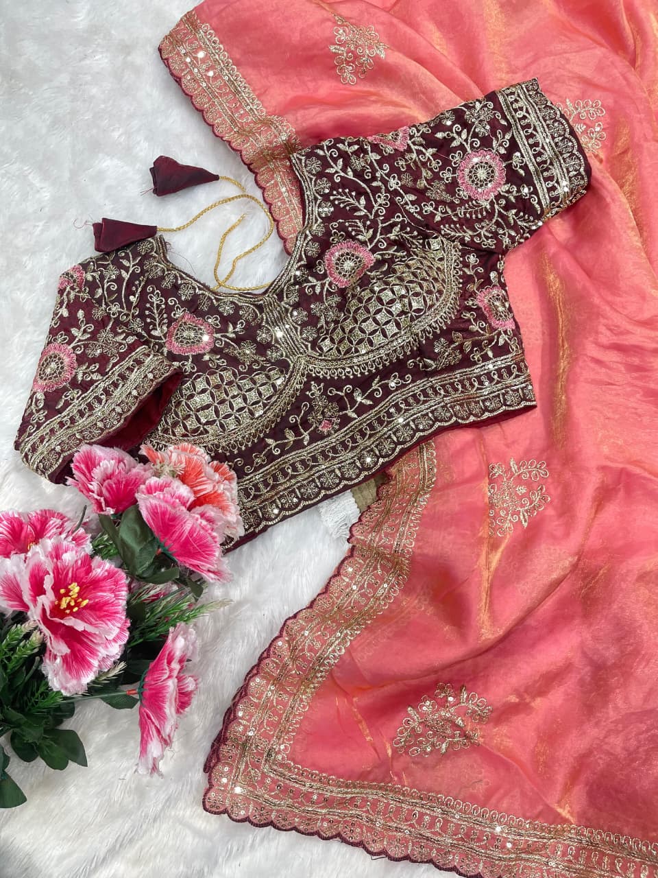Charismatic Function Wear Silk Embroidery n Sequence Work Heavy Border Saree With Stitched Blouse