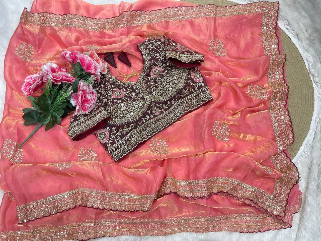 Charismatic Function Wear Silk Embroidery n Sequence Work Heavy Border Saree With Stitched Blouse