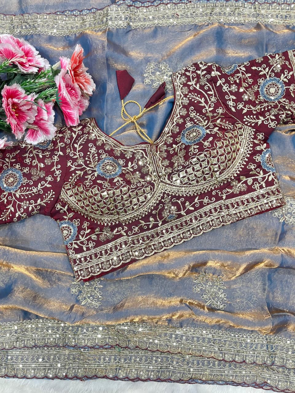 Charismatic Function Wear Silk Embroidery n Sequence Work Heavy Border Saree With Stitched Blouse
