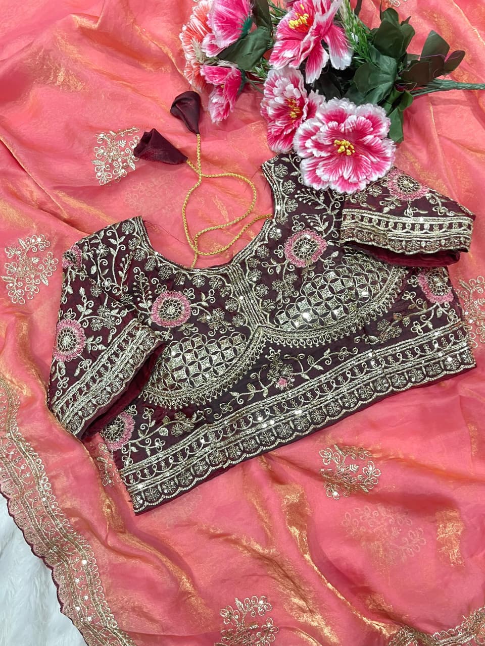 Charismatic Function Wear Silk Embroidery n Sequence Work Heavy Border Saree With Stitched Blouse