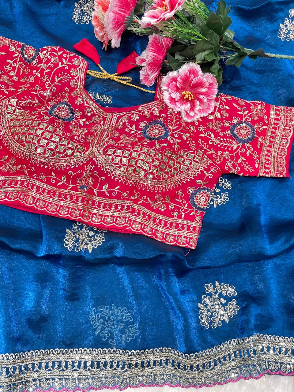Charismatic Function Wear Silk Embroidery n Sequence Work Heavy Border Saree With Stitched Blouse