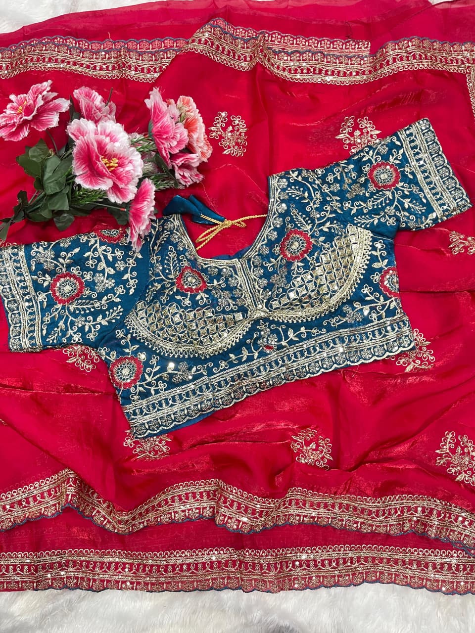 Charismatic Function Wear Silk Embroidery n Sequence Work Heavy Border Saree With Stitched Blouse