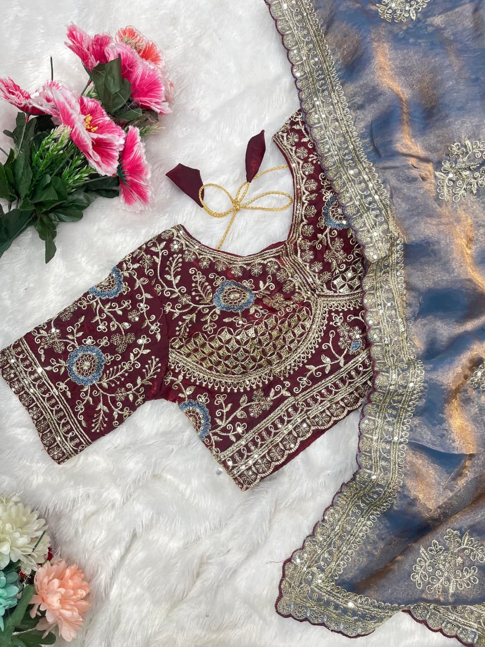 Charismatic Function Wear Silk Embroidery n Sequence Work Heavy Border Saree With Stitched Blouse