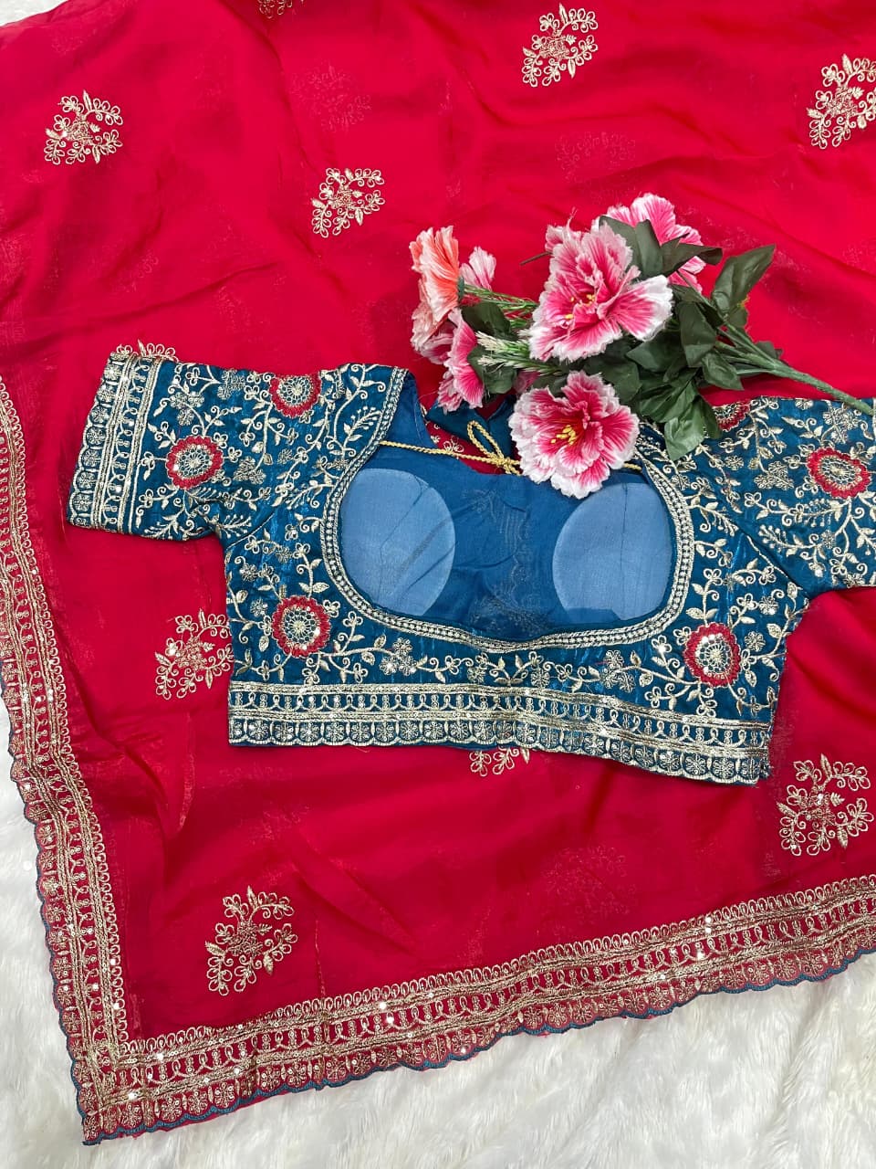 Charismatic Function Wear Silk Embroidery n Sequence Work Heavy Border Saree With Stitched Blouse