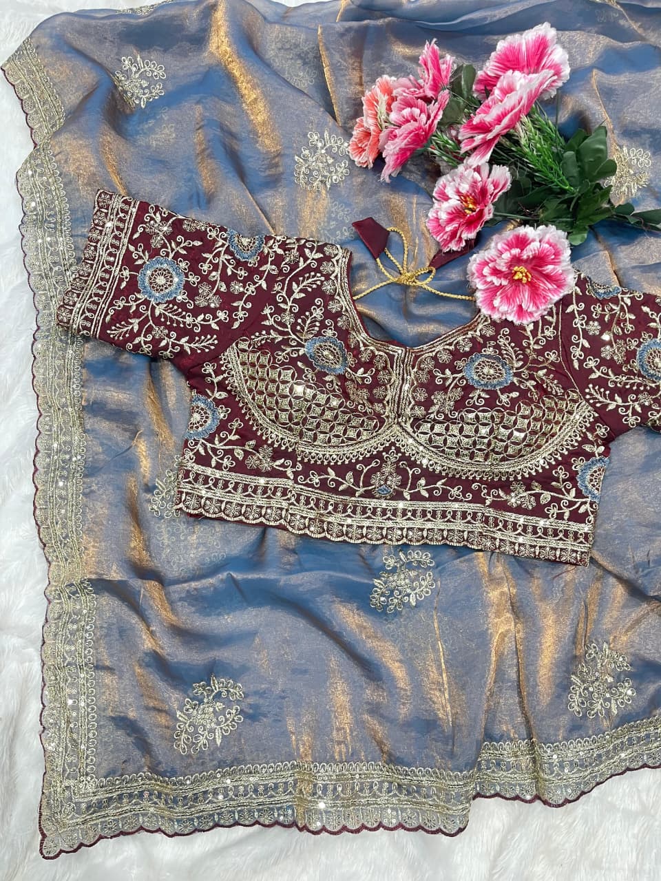 Charismatic Function Wear Silk Embroidery n Sequence Work Heavy Border Saree With Stitched Blouse