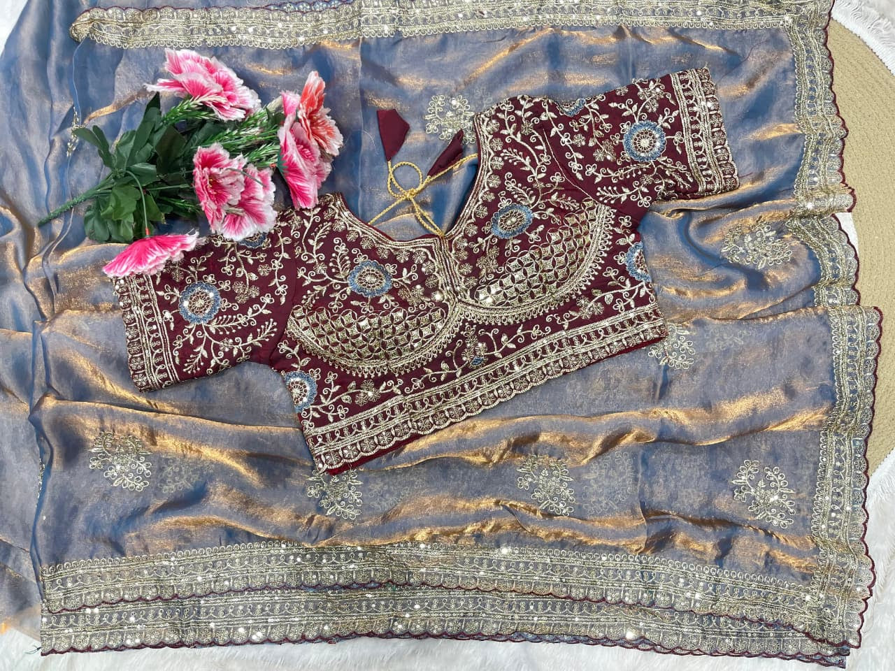 Charismatic Function Wear Silk Embroidery n Sequence Work Heavy Border Saree With Stitched Blouse
