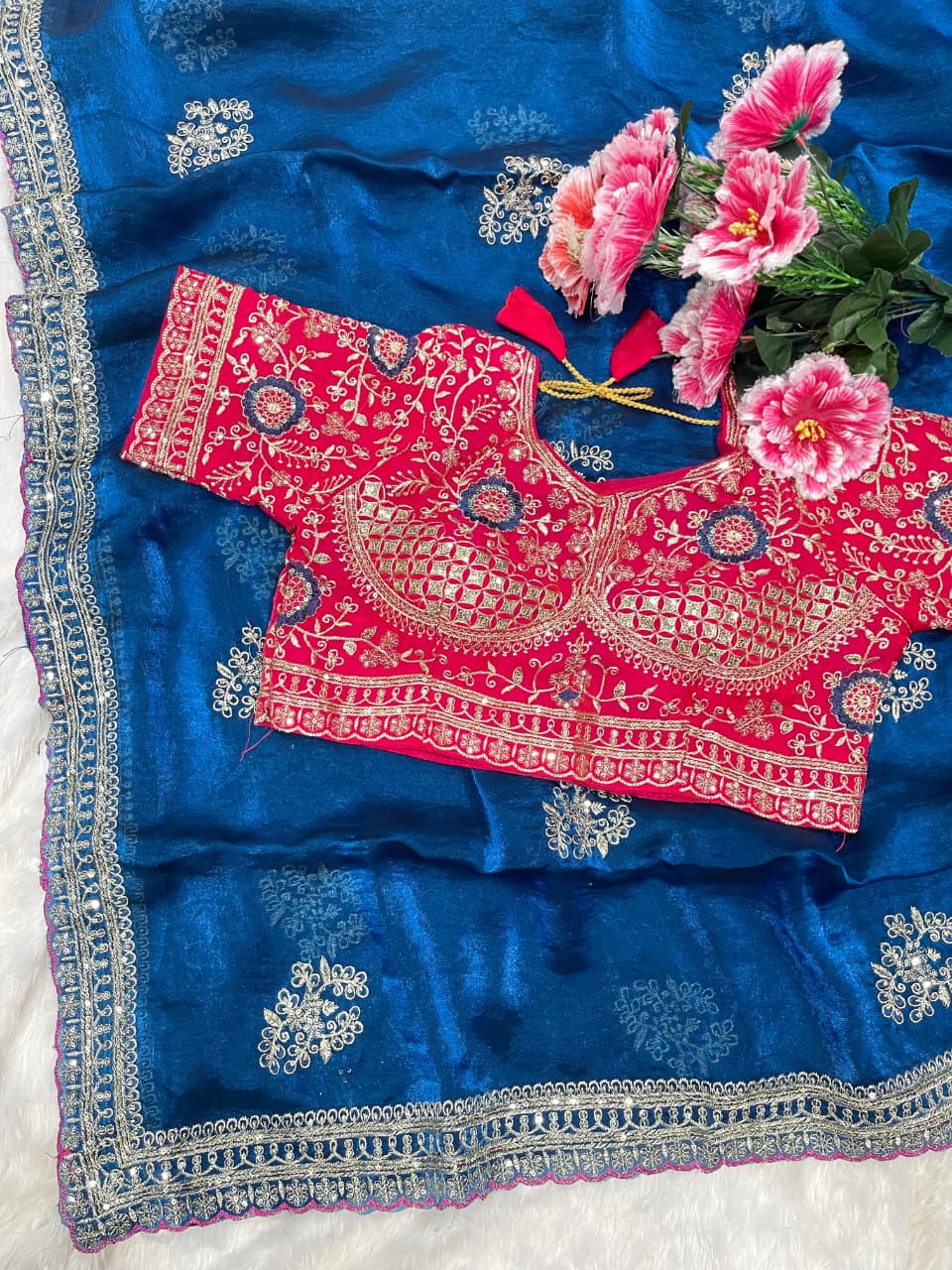 Charismatic Function Wear Silk Embroidery n Sequence Work Heavy Border Saree With Stitched Blouse