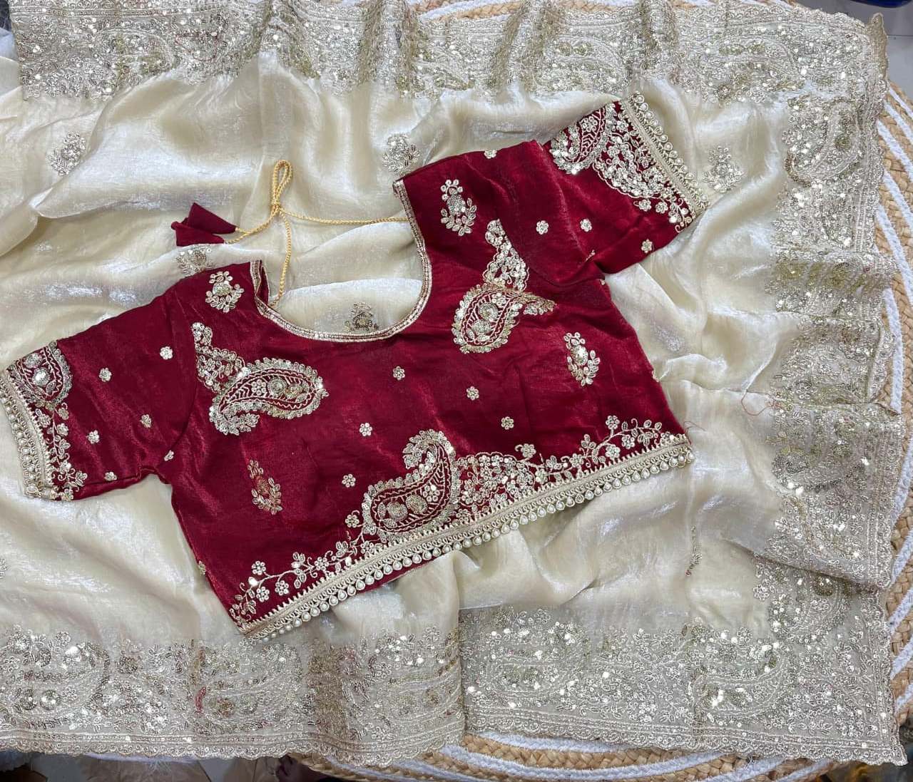 Elegant Wedding Wear Satin Silk Heavy Embroidery n Aarco Work Fancy Designer Saree With Stitched Blouse