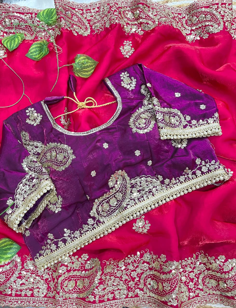 Elegant Wedding Wear Satin Silk Heavy Embroidery n Aarco Work Fancy Designer Saree With Stitched Blouse