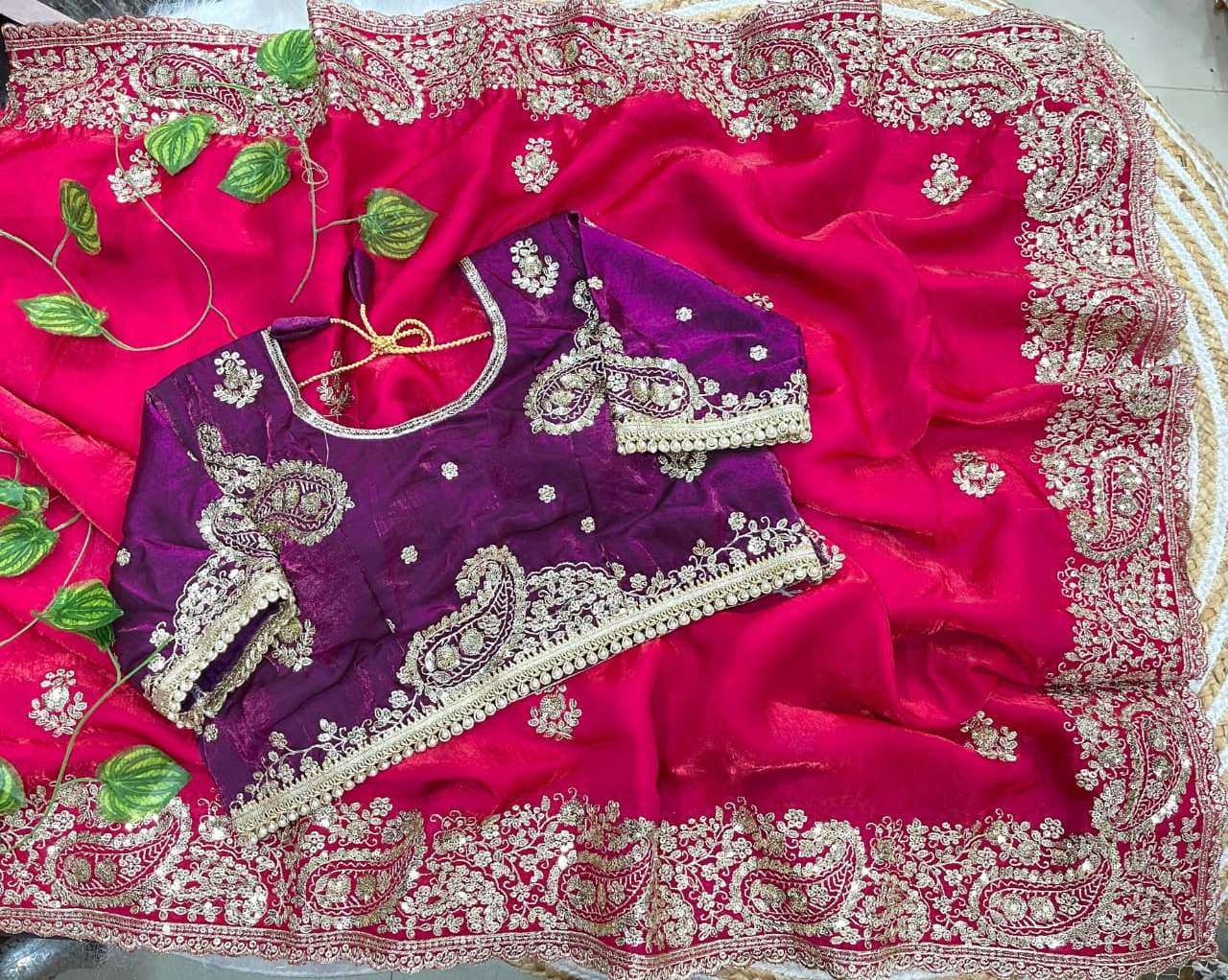 Elegant Wedding Wear Satin Silk Heavy Embroidery n Aarco Work Fancy Designer Saree With Stitched Blouse
