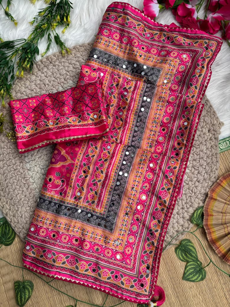 Divine Wedding Wear Pure Soft Silk Digital Print n Heavy Mirror Work Saree With Blissful Blouse Piece